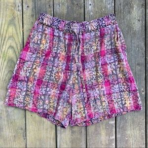 Vintage 90s Maroon Tie-Dye Floral Print Elastic High Waist Casual Cotton Shorts